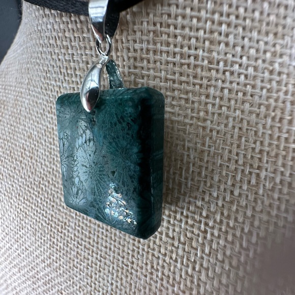 Green Coral Fossil Square Pendant on Black Satin Rope Cord - Picture 7 of 14